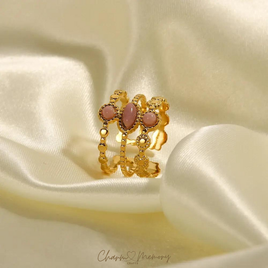 Triple Row Pink Stone Gold 18K Plated Ring