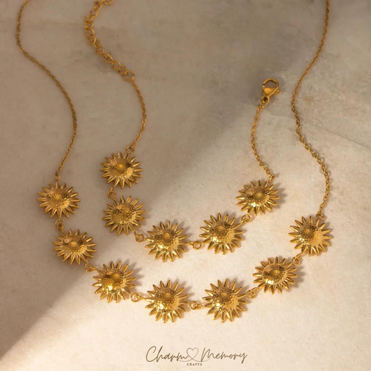 Golden Flower Jewelry Set: 18K Gold Plated Necklace, Earrings, and Anklet