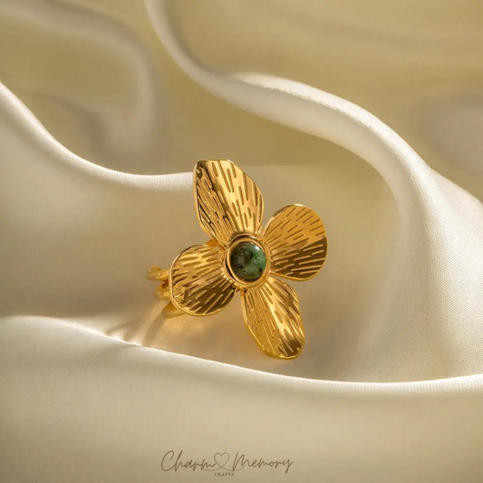 Large Flower Ring, 18K Gold Plated with Natural Turquoise Stone