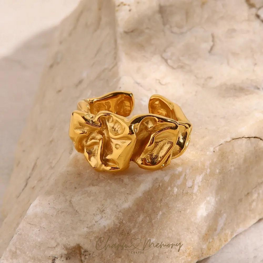 Irregular Crumpled Tin Foil Style Ring with Delicate Texture, 18K Gold Plated