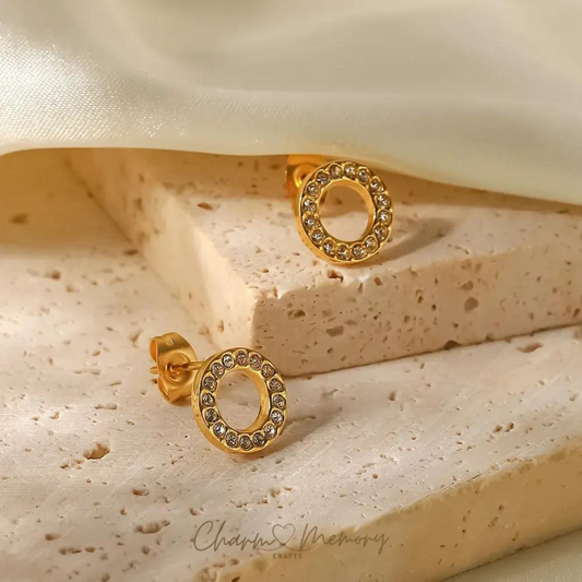 Radiant Circle Earrings: 18K Gold Plated with Zirconia Stones