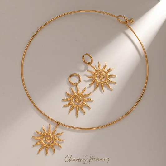Chic Spiral Hoop Sunflower Necklace and Earrings Set: High-Quality and Unique, 18K Gold Plated